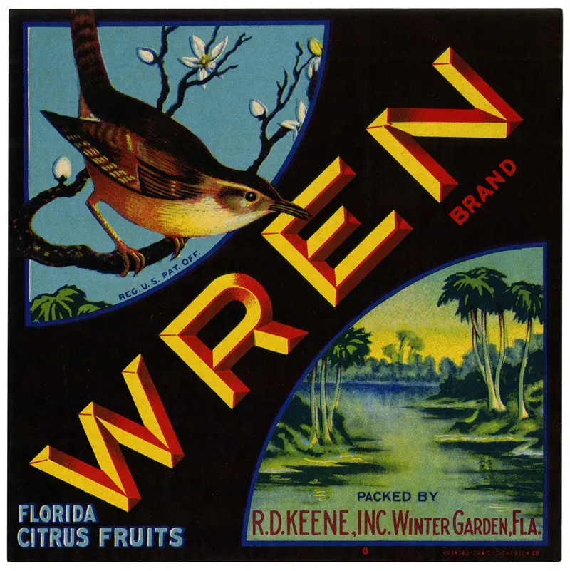 Wren Brand Florida Citrus Fruit Label