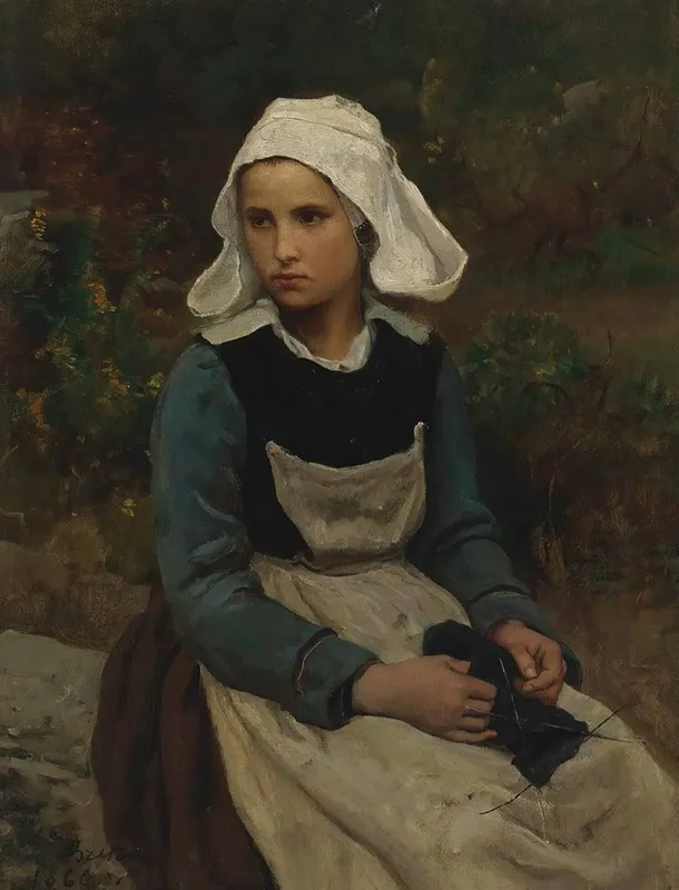 Young Brittany Girl Knitting by Jules Breton - Canvas Print
