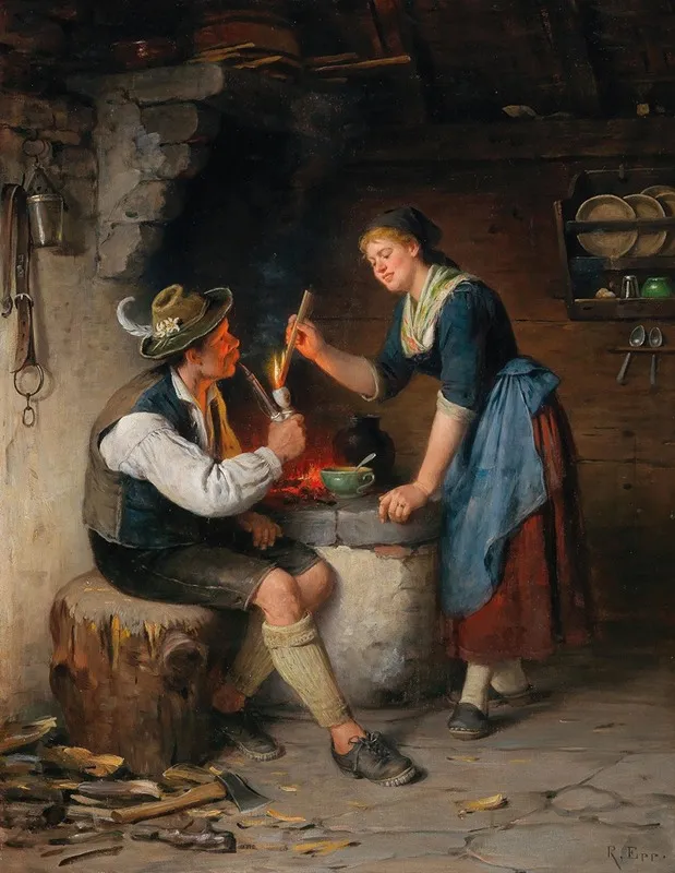 Young Couple By The Fireplace