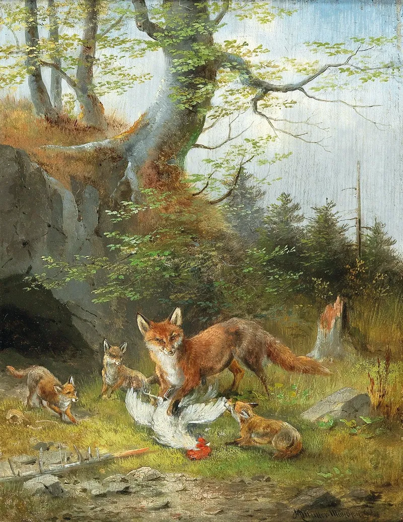 Young Fox Family With Prey
