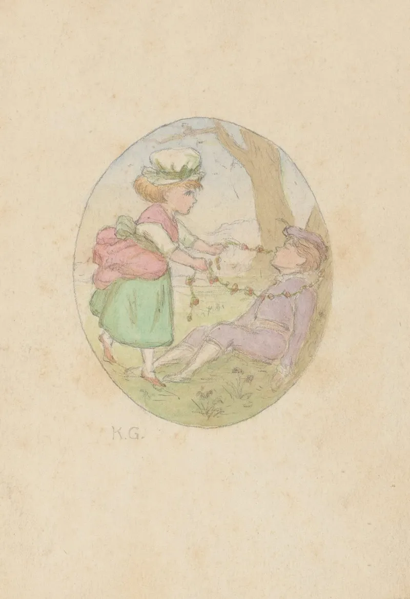 Young Girl Placing Flower Garland Around Seated Boys Neck