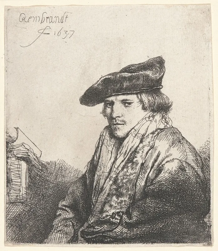 Young Man In Velvet Cap With Books Beside Him by Rembrandt van Rijn - Canvas Print
