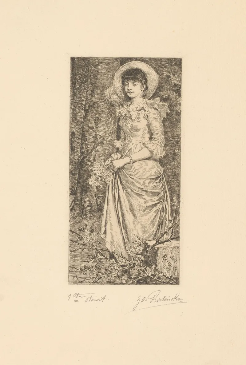 Young Woman In A Forest With Flowers In Her Hand by Jos Ratinckx - Canvas Print