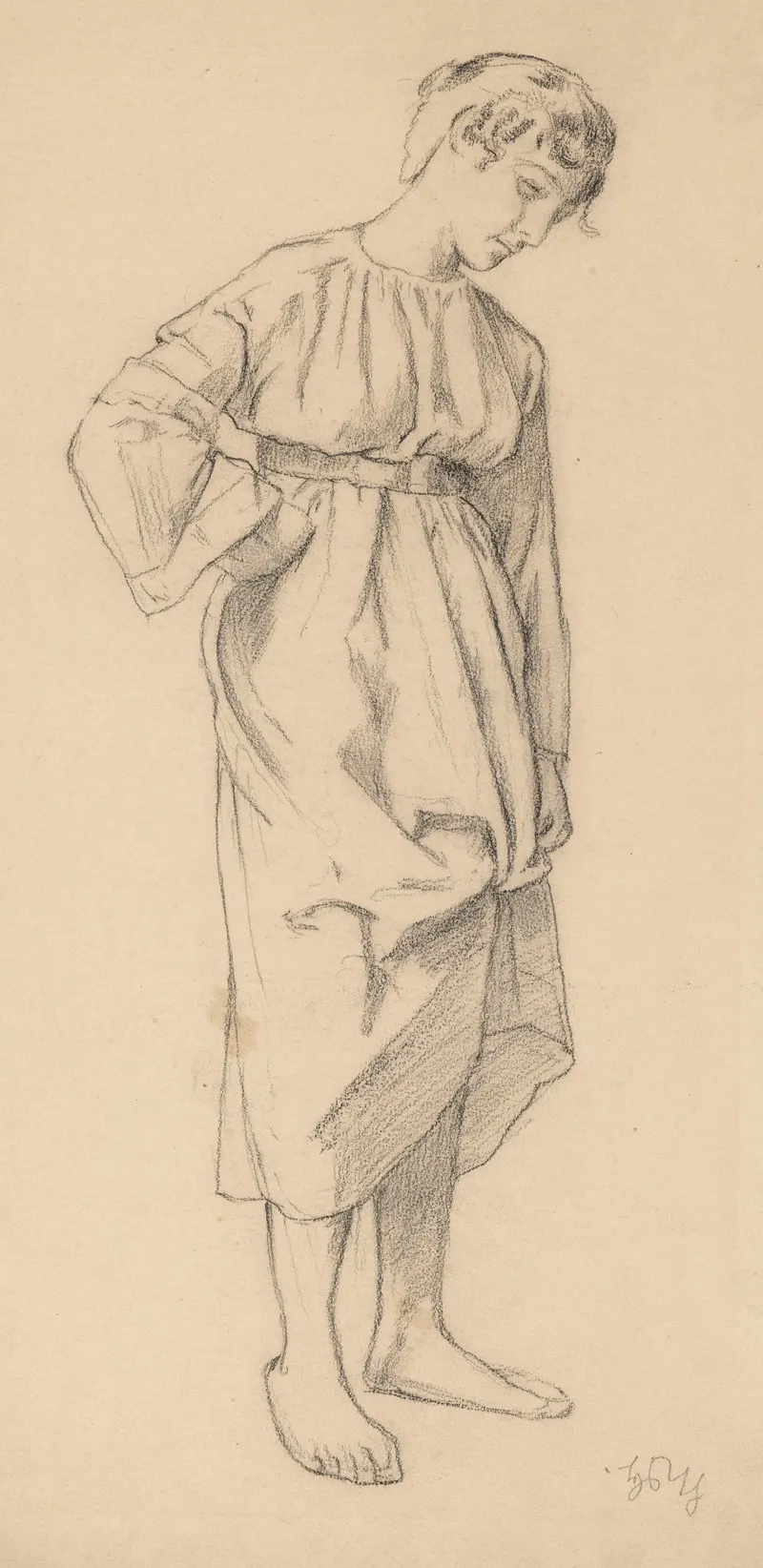 Young Woman In A Loose Dress Lifting Its Hem With Her Left Hand