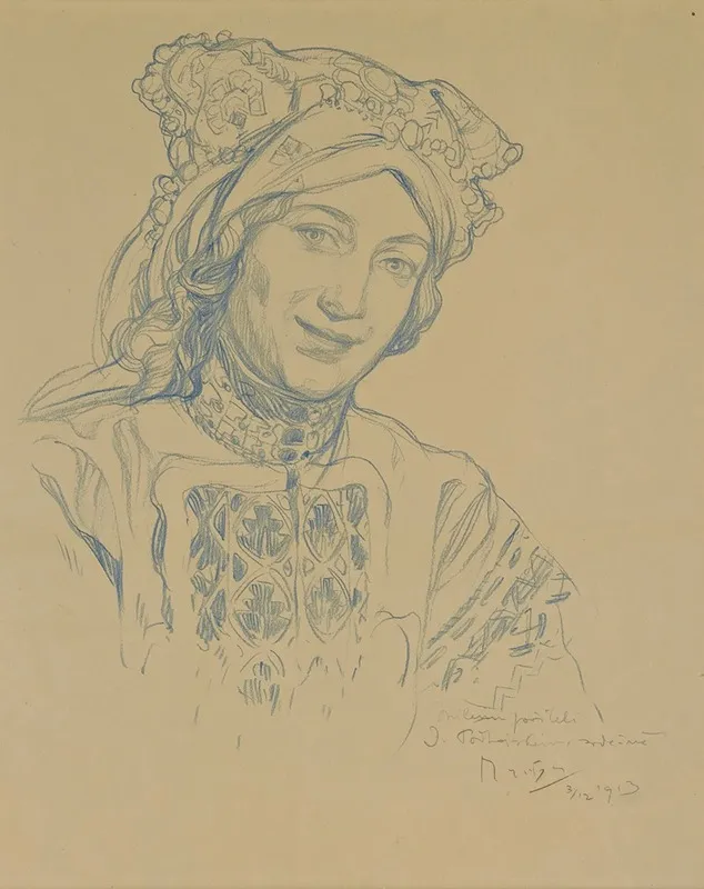 Young Woman With Folk Headdress by Alphonse Mucha - Canvas Print