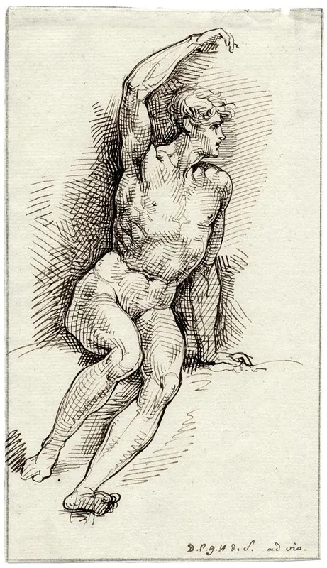 Zittend Mannelijk Naakt Met Geheven Arm