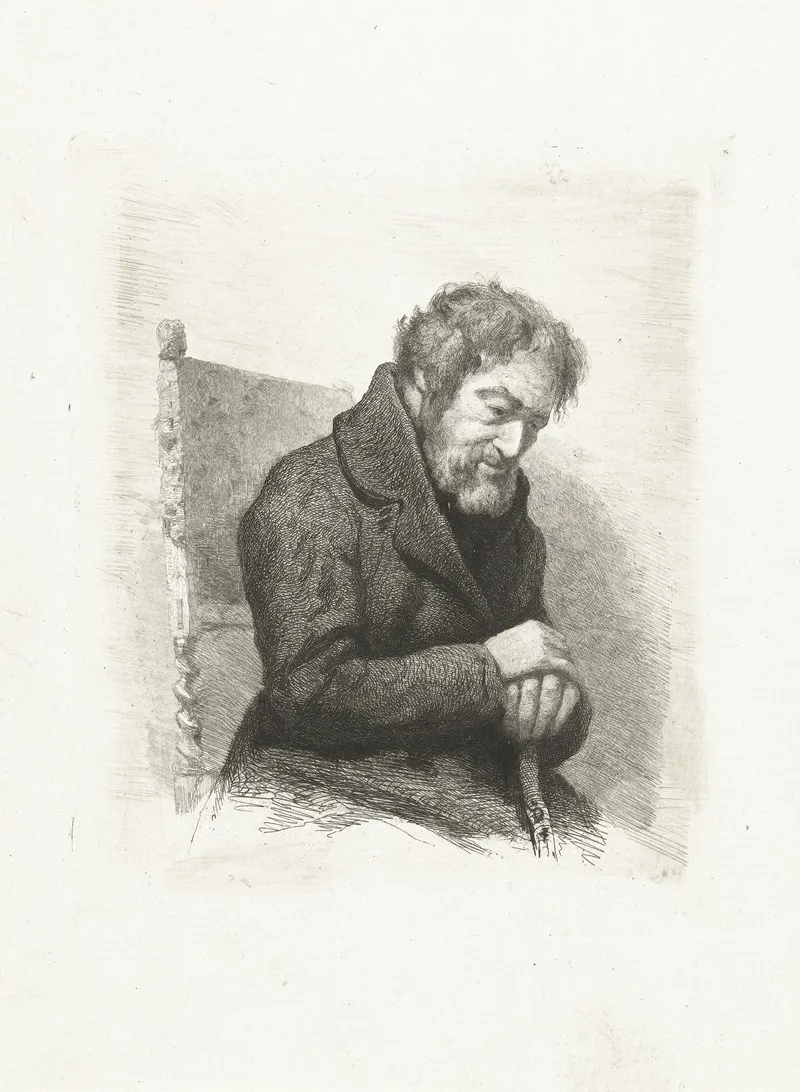 Zittende Grijsaard Met Wandelstok In Zijn Handen by Pierre Louis Dubourcq - Canvas Print