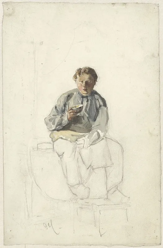Zittende Jongen Met Een Kopje by Adolf le Comte - Canvas Print