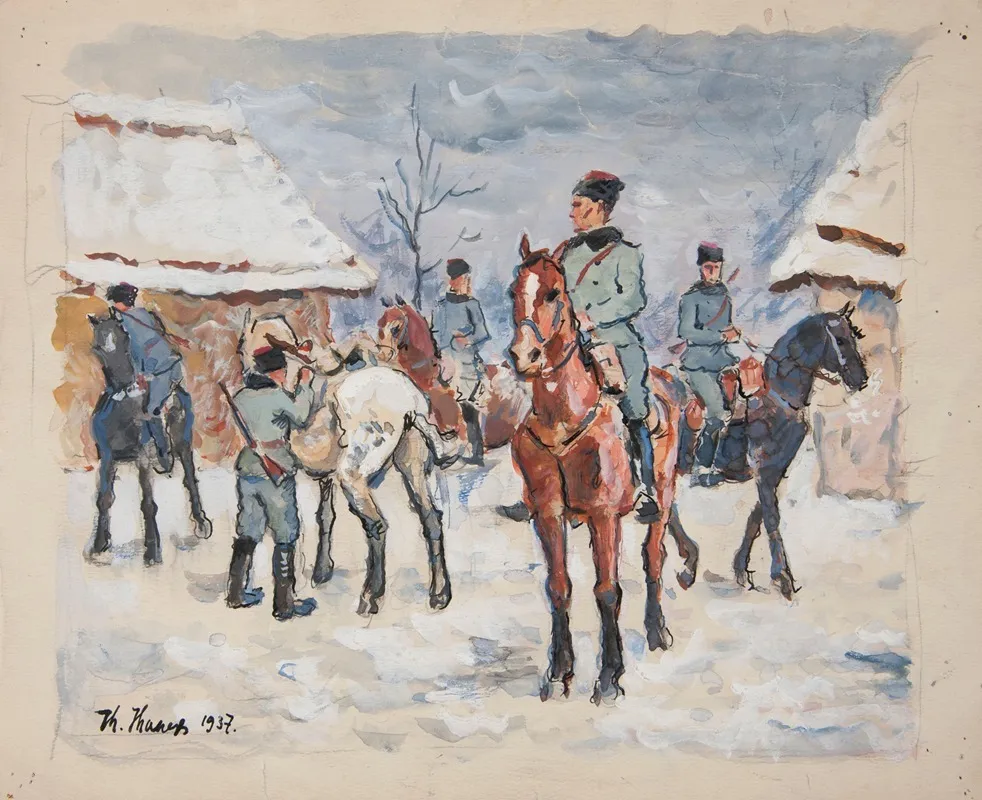 Zolnierze Na Koniach W Zasniezonej Wiosce by Ivan Ivanec - Canvas Print