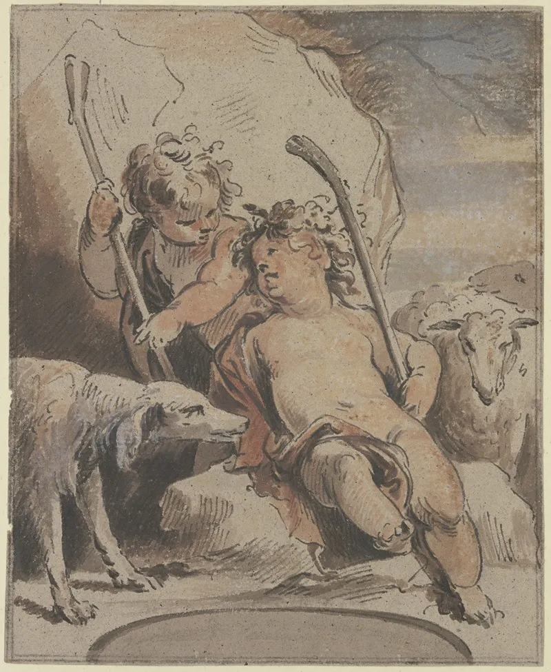 Zwei Amoretten Mit Einem Hund Und Einem Schaf by Jacob de Wit - Canvas Print