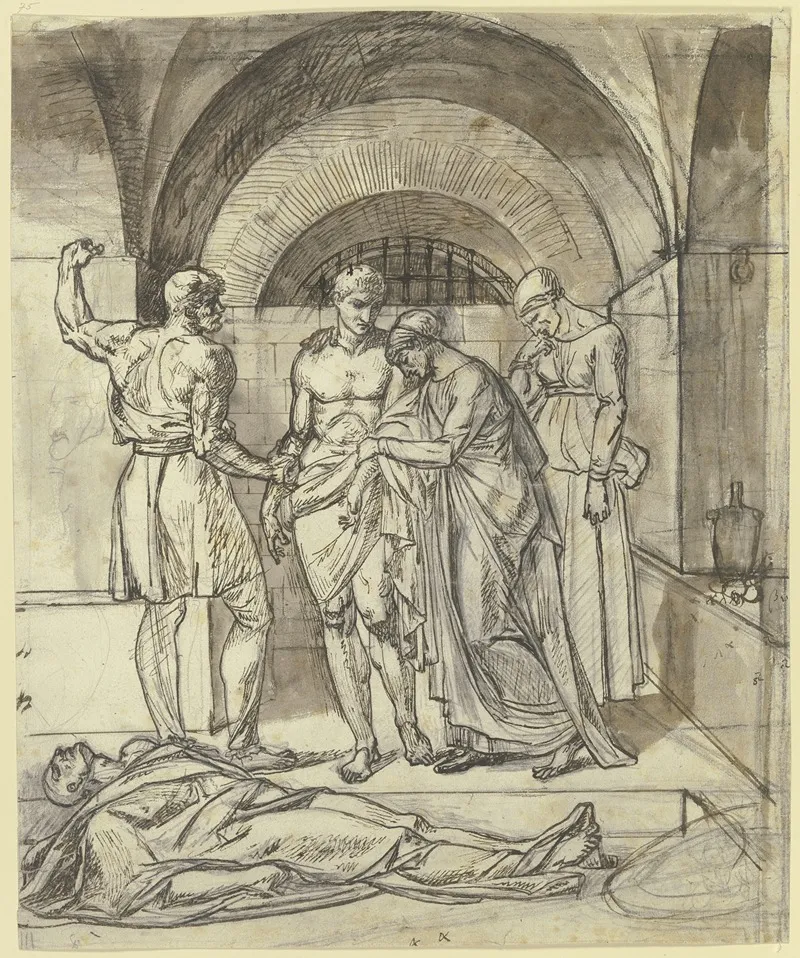 Zwei Frauen Und Zwei Manner Bei Einer Leiche Im Gefangnis by Eberhard von Wächter - Canvas Print