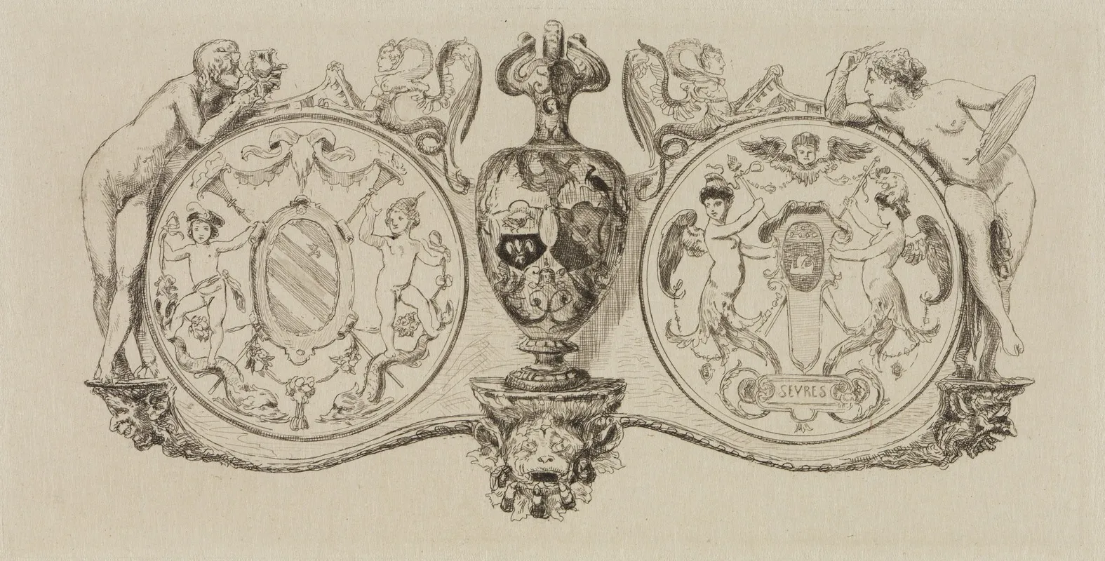 Zwei Medaillons Im Fayence Saal
