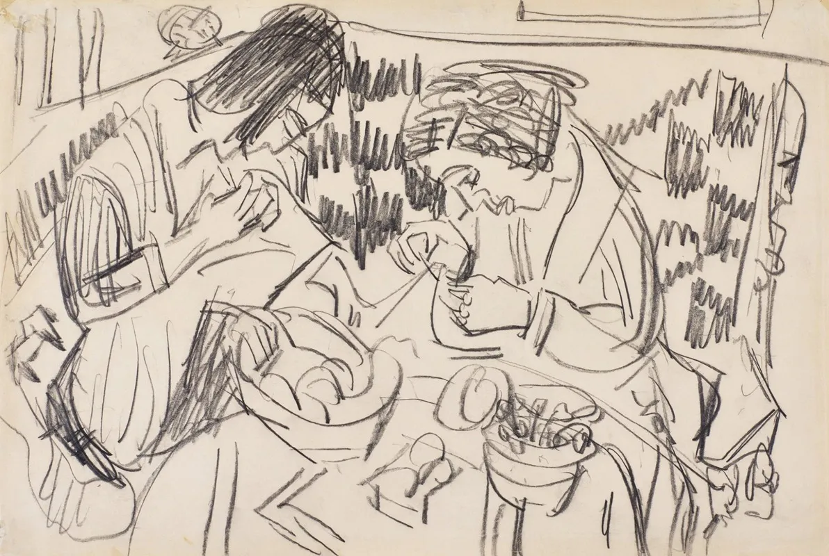 Zwei Nahende Frauen Am Tisch Two Sewing Women At The Table