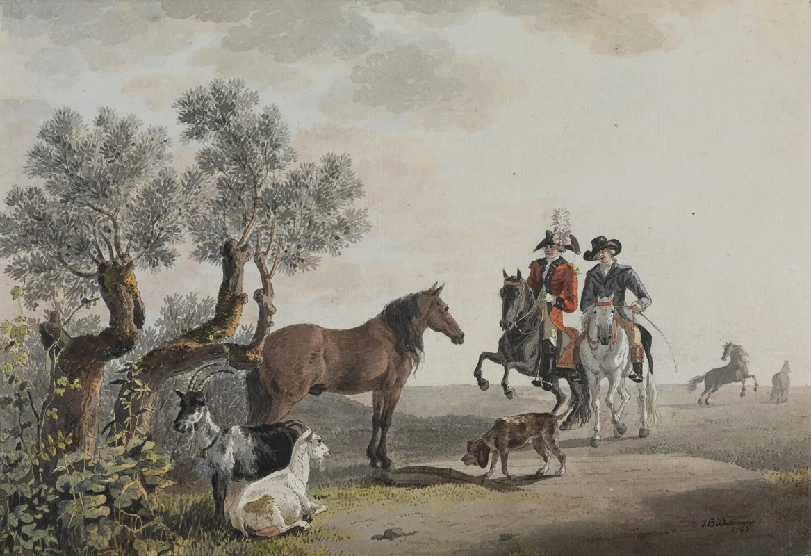 Zwei Reiter Die Ihren Weg Uber Eine Tierweide Nehmen by Johann Jakob Biedermann - Canvas Print