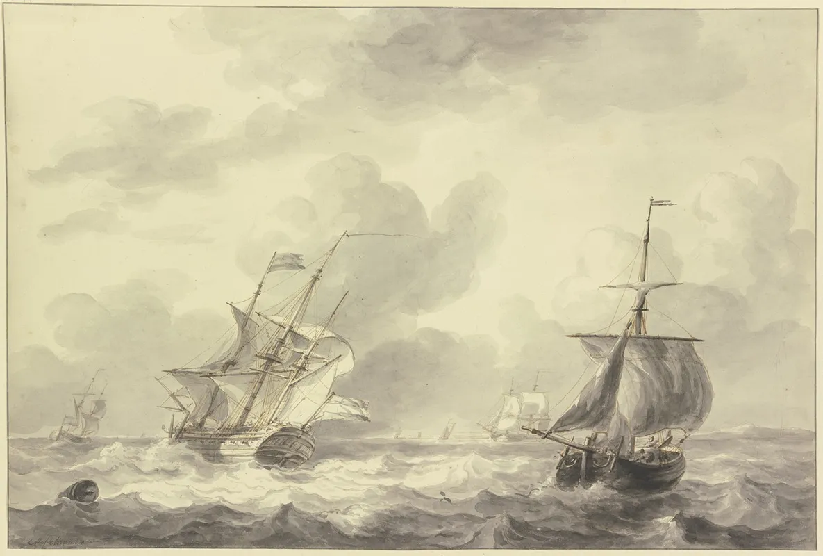 Zwei Schiffe Auf Bewegter See Links Eine Tonne 2 by Martinus Schouman - Canvas Print