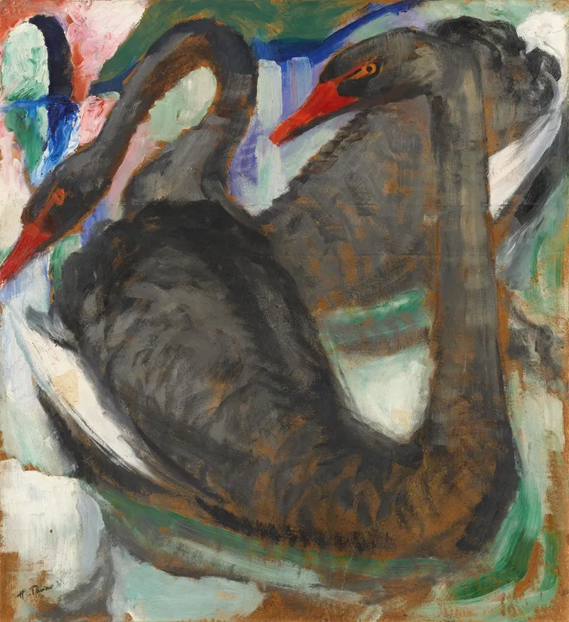 Zwei Schwarze Schwane by Hans Thuar - Canvas Print