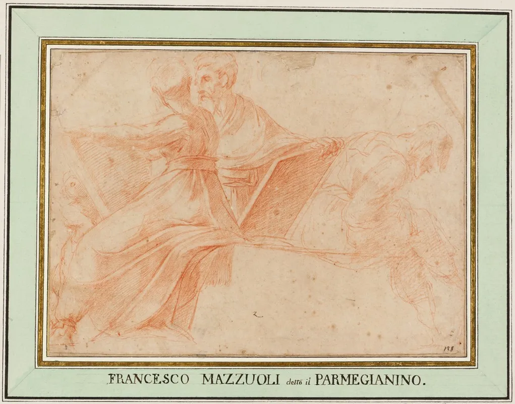 Zwei Sitzende Propheten Und Eine Vornuber Gebeugte Figur
