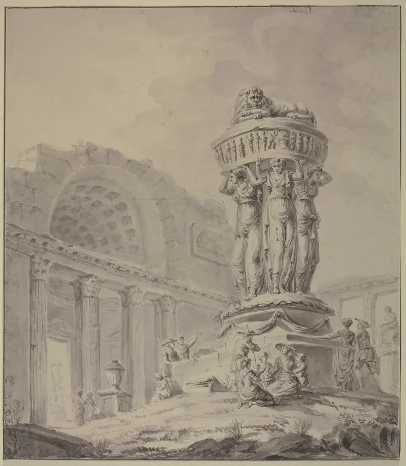 Zwischen Resten Eines Romischen Prachtgebaudes Tragen Drei Kolossale Karyatiden Eine Vase Mit Einem Lowen by Jacques-François Blondel - Canvas Print