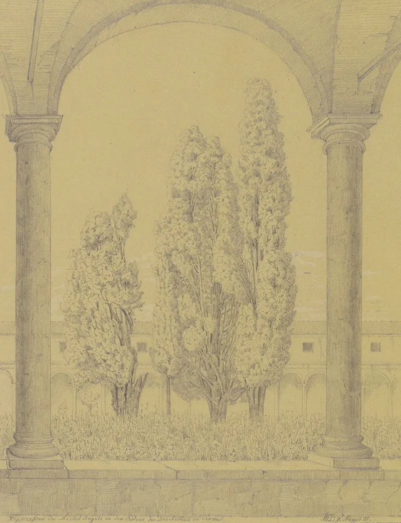 Zypressen Im Kreuzgang Von S Maria Degli Angeli E Dei Martiri In Den Diokletiansthermen In Rom by Friedrich Wilhelm Ludwig - Canvas Print